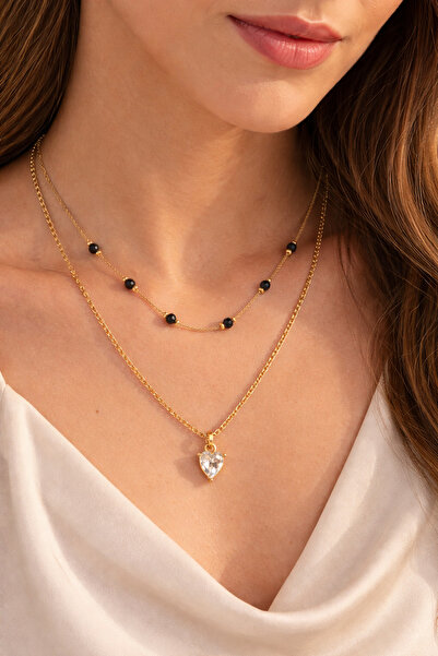 OEM Women's double necklace with black beads and heart pendant - elegant fash...