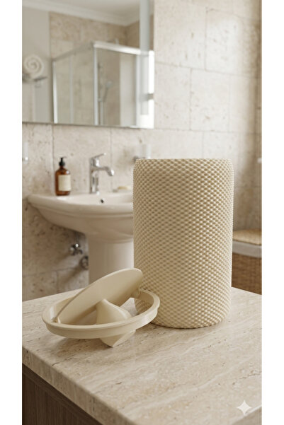 NESLİDEKOR Modern Geometrik Dokulu Döner Kapaklı Masaüstü Çöp Kutusu- 18 cm Krem