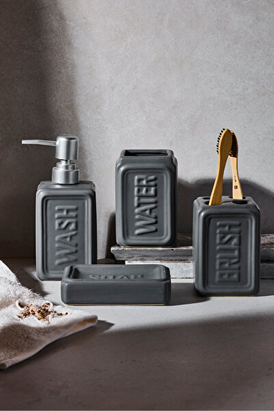 Perotti طقم حمام من 4 قطع من WELL MUNDO مصنوع من الخزف الحجري بلون الأنثراسيت...