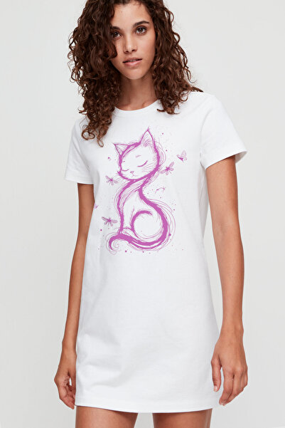 ROCKANDROLL Cat Princess White Short Sleeve Combed Cotton Women's T-Shirt Dress