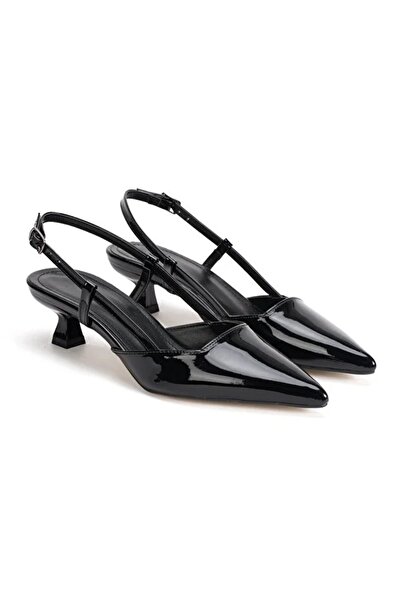 elvinshoes Amara Black Patent Leather Low Heel Heeled Shoes
