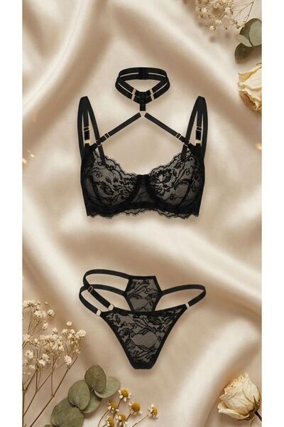 MEOW Sheer Underwear Set with Neck Tie Detail (Neck Tie Can Be Removed)