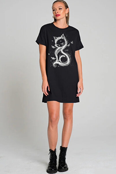 ROCKANDROLL Cat Princess Black Short Sleeve Combed Cotton Women's T-Shirt Dress