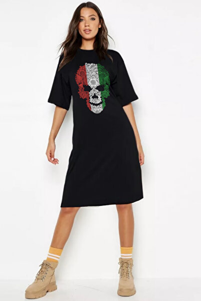 ROCKANDROLL Italian Skull Black Short Sleeve Above Knee Medium Length Combed ...