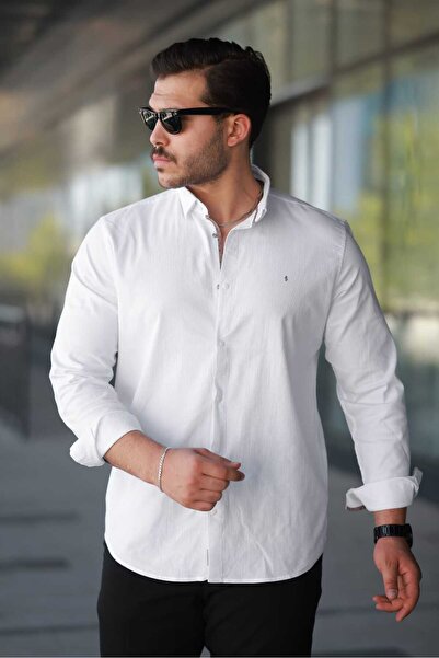 Newelli Düğmeli Yaka Slim Fit Pamuklu Gabardin Beyaz Gömlek