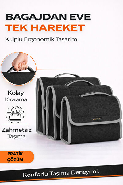 e-biz Oto Bagaj Organizer Bagaj Çantası 3'lü Kombo Boy Kaymaz Cırt Bantlı Velur Kompakt Düzenleyici