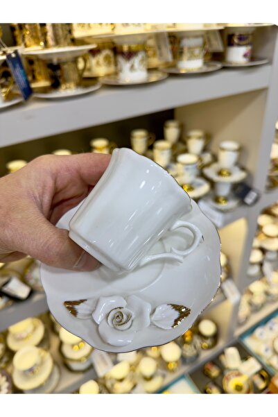 Vakıf home Royking Porselen Kabartma Güllü Gold Kahve Fincan Takımı Seti 6 ki...