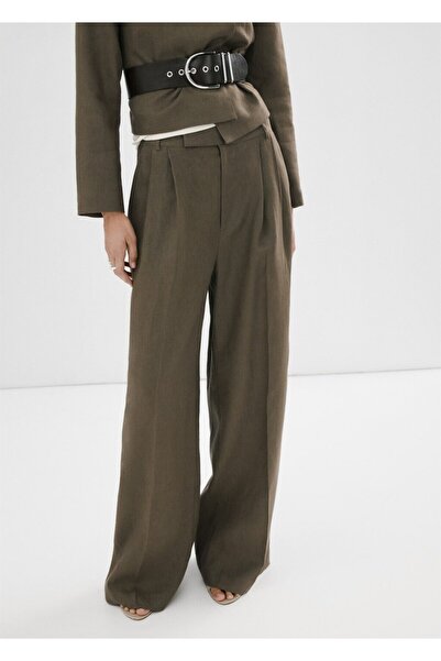 MANGO Woman Düz kesim keten pantolon