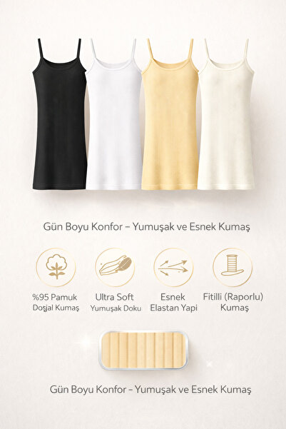 Meyzz Kadın 4'lü Paket İp Askılı Fitilli Atlet %95 Pamuk %5 Elastan Ultra Soft Siyah Beyaz Ten Ekru