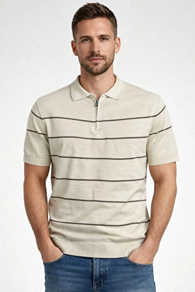 LUMİART Men's T-Shirt Striped Knitwear Woven Fabric Polo Collar Half Zipper R...