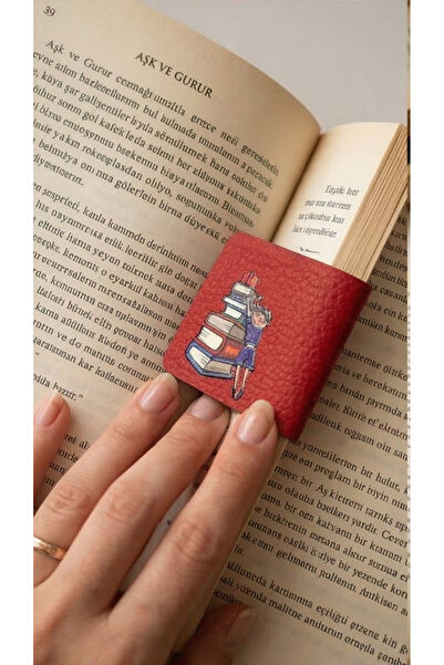 MUKEdu Kız Figürlü Suni Deri Köşe Kitap Ayracı - Kırmızı El Yapımı Bookmark