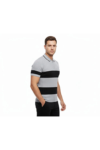 LUMİART Men's Striped Knitwear Woven Polo Collar Half Zipper Regular Fit T-Sh...
