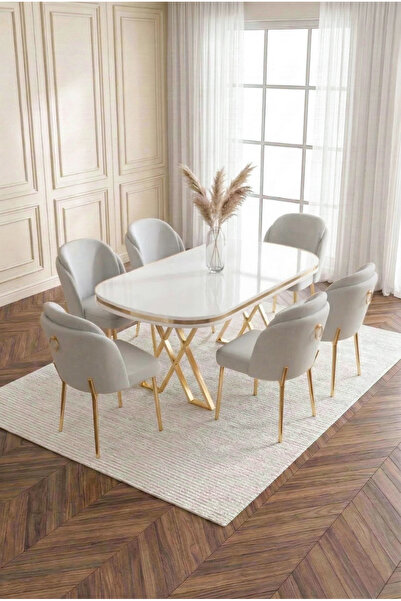 DEREN HOME Milano Gold Serisi 90x168 MDF Masa Metal Ayak Yemek Mutfak Takımı ...