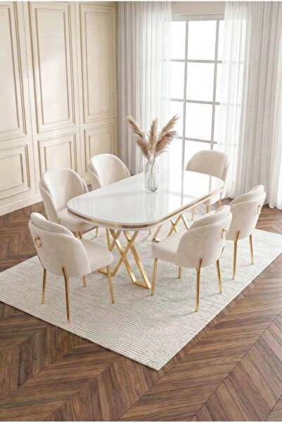 DEREN HOME Milano Gold Serisi 90x168 MDF Masa Metal Ayak Yemek Mutfak Takımı ...