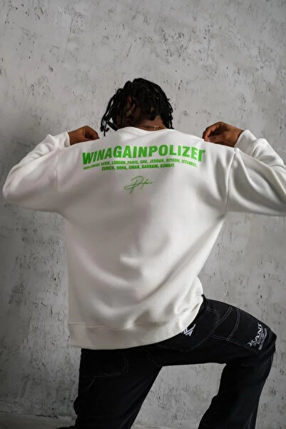 LUMİART Men's Oversize Sweatshirt White |   Front and Back Printed Three Yarn...