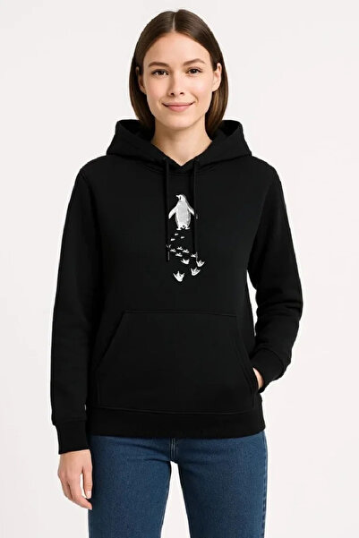 LUMİART Women's Nihilist Penguin Themed Oversize Hooded Sweatshirt - Black
