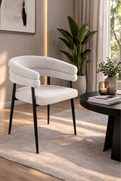 MARIA HOMES Light Grey Bouclé Arm Dining Chair 76x52x49cm Modern Dining Chair