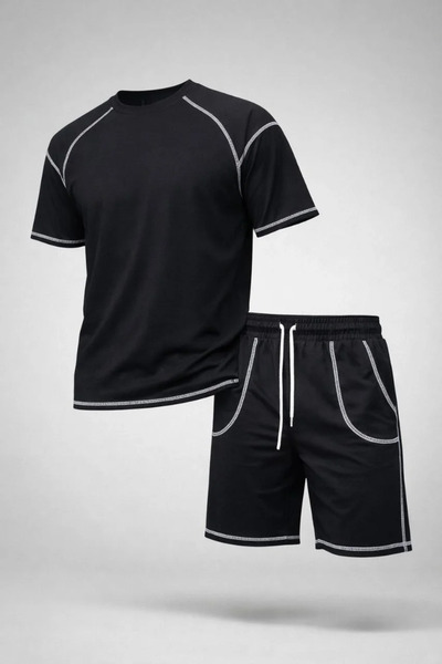 LUMİART طقم تي شيرت رياضي للرجال مع شورت بتفاصيل خياطة متباينة وقصة مريحة كبي...