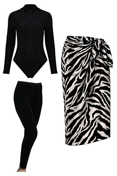 CUPSEA 3-Piece Set Black Long Sleeve Body Swimsuit Lycra Long Leggings Black ...