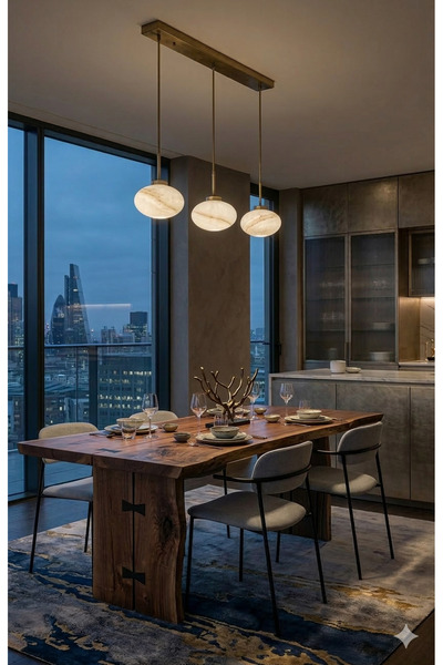 N Naturel Aydınlatma Modern Loft Serisi: 3’lü Sıralı Hare Desenli Cam Avize -...