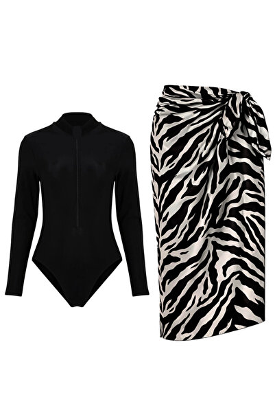 CUPSEA Black Long Sleeve Zippered Stretch Fabric Swimmer Swimsuit Black Zebra...