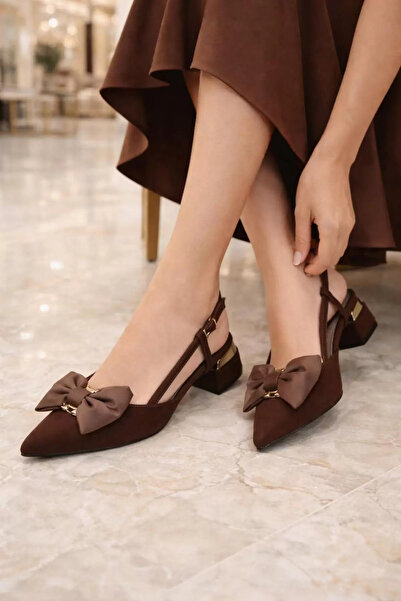 COŞKUN AYAKKABI Women's Gold Accessory Detail Bowknot Heeled Shoes Brown 263648