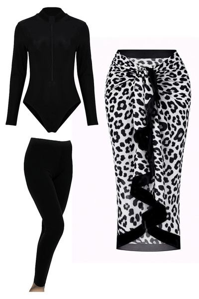 CUPSEA 3-Piece Set Black Long Sleeve Body Swimsuit Lycra Long Leggings Black ...