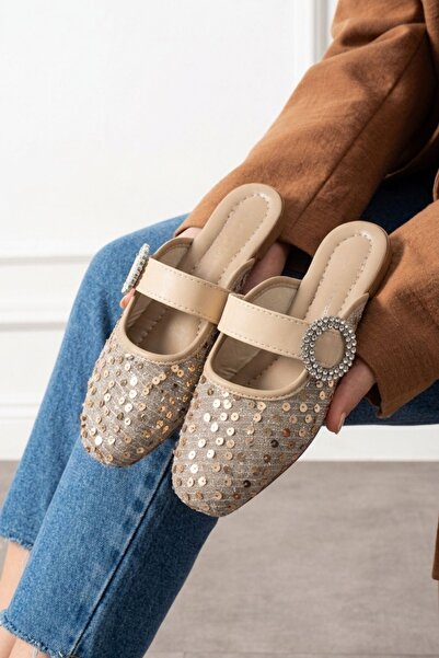 FUGA MODA Falcon Beige Sequined Stone Buckled Stylish Daily Model Women Slipper
