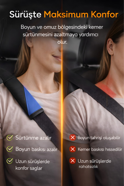 e-biz Emniyet Kemeri Kılıfı 2 Adet Deri Carbon Yumuşak Dolgulu Boyun Konfor Emniyet Kemer Pedi - 2'Li