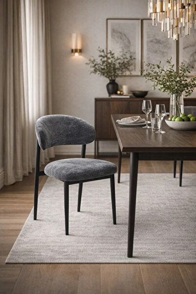 MARIA HOMES Dark Grey Upholstered Chair with Black Metal Legs, 84x49x48 CM