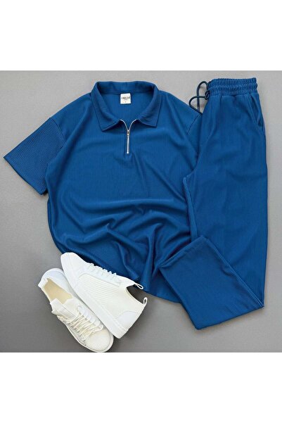 viperkombin Men's 2'Li Ottoman Corded Fabric Half Zipper T-Shirt and Pants Set