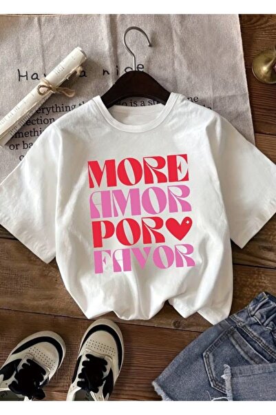 LELVANİ Women More Amor Por Favor Pink Red Written Tshirt