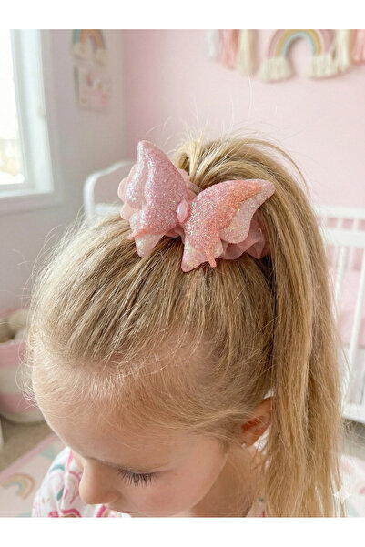 GLOWILLA Lüks Pembe Işıltılı Simli Kelebek Figürlü Çocuk Tüllü Scrunchie Last...