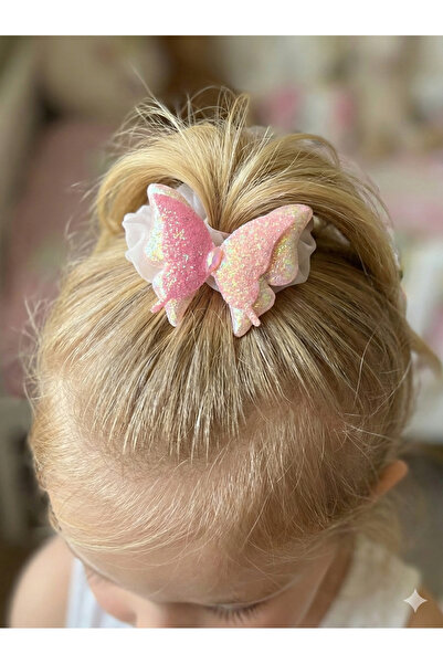 GLOWILLA Kelebek Figürlü Simli Lastik Toka - Şifon Detaylı Çocuk ve Kadın Saç...