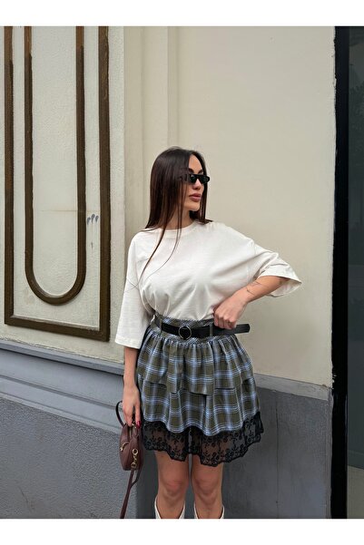 LB Laluna Butik Women's Lace Detailed Layered Plaid Skirt