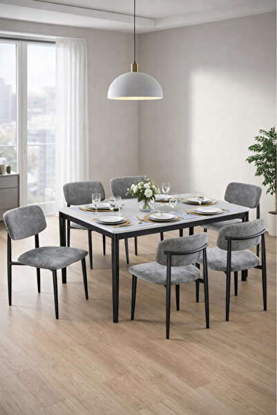 MARIA HOMES طقم طاولة طعام حديثة بسطح رخامي مع 6 كراسي مُنجّدة، مقاس 150×90×7...