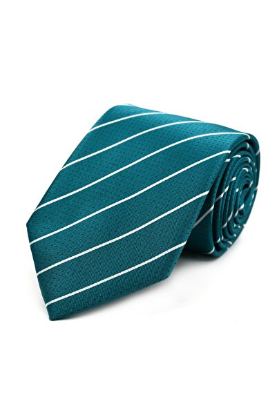 Sade Kravat Turquoise Blue White Striped Special Woven Tie 33345 Turquoise