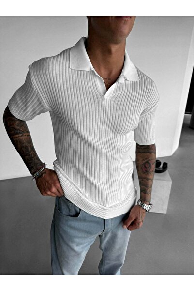 elkumoda Men's Italian Polo Neck F Corded Fabric Knitwear T-Shirt Vertical Ç ...