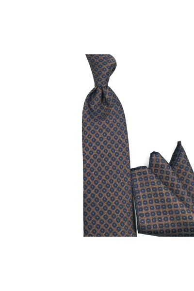 Sade Kravat Coffee Navy Blue Small Patterned Handkerchief Tie 33317 Coffee