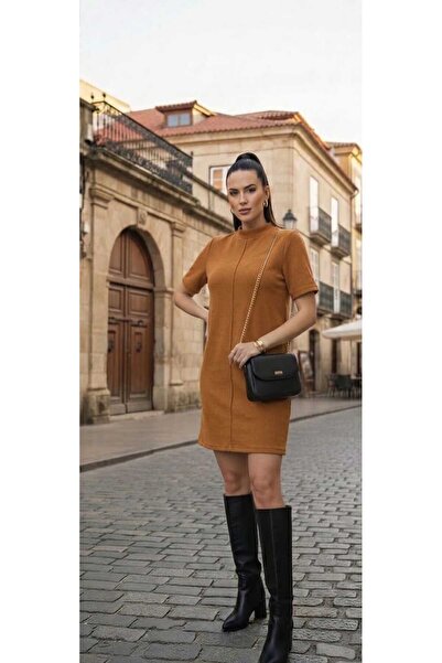 ZUM فستان نسائي بلون الخردل البني حياكة عثمانية فوق الركبة، قصير، كاجوال، متو...