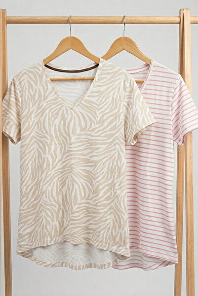 EFFE 2 Pieces V-Neck Basic Viscose Blend T-Shirt