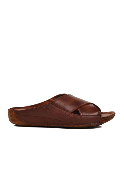 Aspor Tan Genuine Leather Women's Flat Slippers