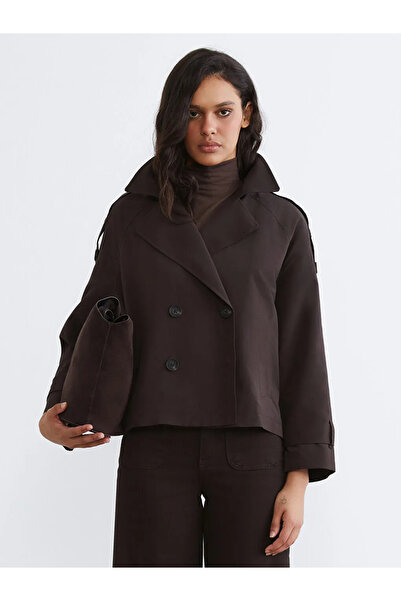 LC Waikiki Καφέ Γυναικεία καμπαρντίνα με διπλό γιακά Oversize