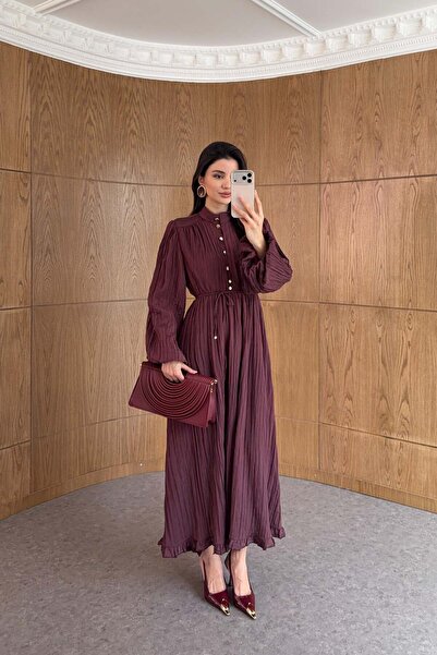 HAZELANNA Gold Düğmeli Piliseli Mürdüm Elbise