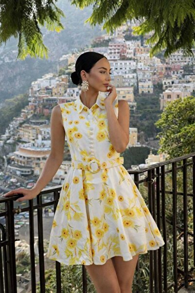 Butik Şenel Μίνι φόρεμα με γιακά πουκάμισου, αμάνικο και με ζώνη