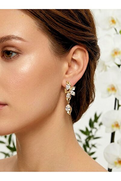 ZENA ACCESSORİES VIP ÇİÇEK MODEL TASARIM DAMLA ZİRKON ÇELİK GOLD KÜPE