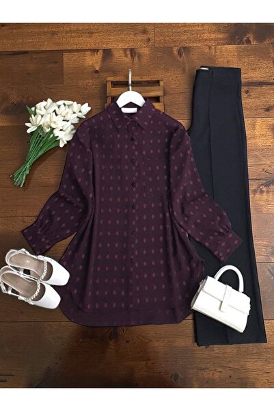 ŞAHİN TESETTÜR GİYİM KENDİNDEN DESENLİ SALAŞ GÖMLEK TUNİK 5708