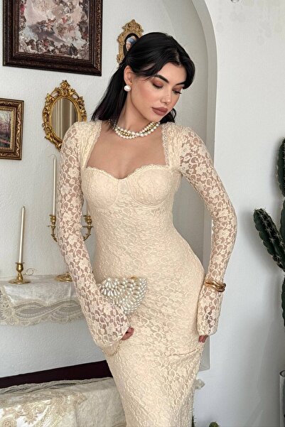 Julidress Cream Beige Groplu (Supported) Lined Maxi Long Length Premium Lace ...