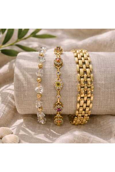 Mope Accessories Stainless Steel 3-Piece Combination Bracelet Set with Stone Detail