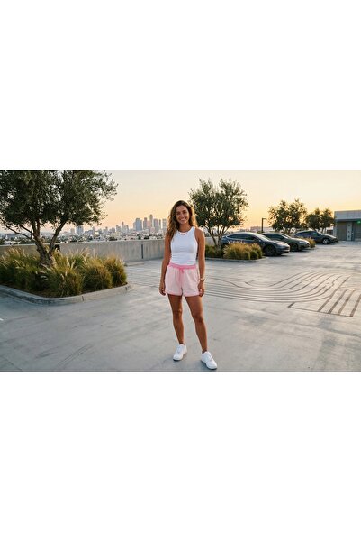 Bella %95 Pamuklu Yazlık Spor Şort Beyaz Pembe Biyeli Rahat Kesim Günlük Şort